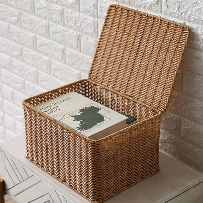 Woven rattan storage basket open with a book inside for stylish Storage & Organisation