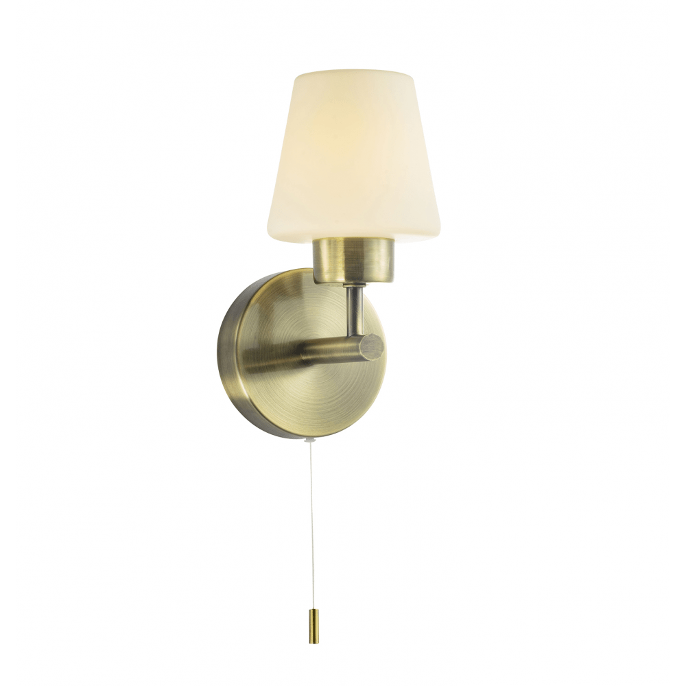 Modern Antique Brass & Opal Glass Bathroom Wall Light IP44 Rated