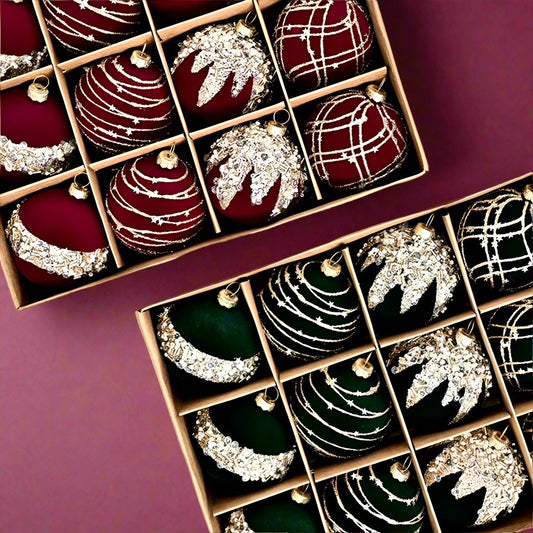 Set of 12 Velvet & Glitter Shatterproof Christmas Tree Baubles 6cm - Burgundy, Green & Cream