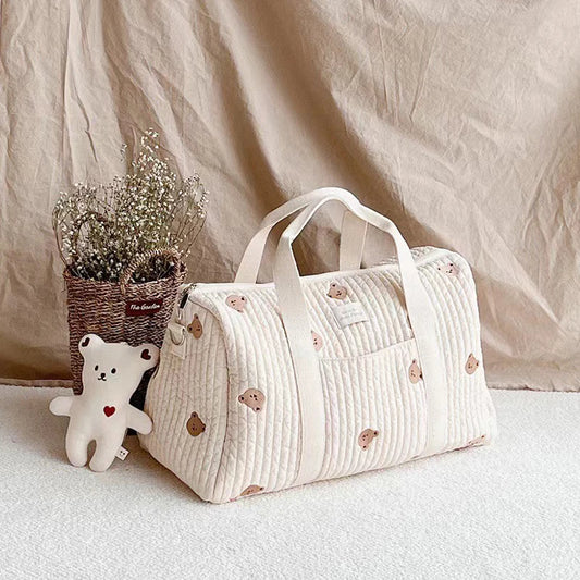 Large White Embroidery Baby Nappy Changing Washbag with Shoulder Strap - Bear