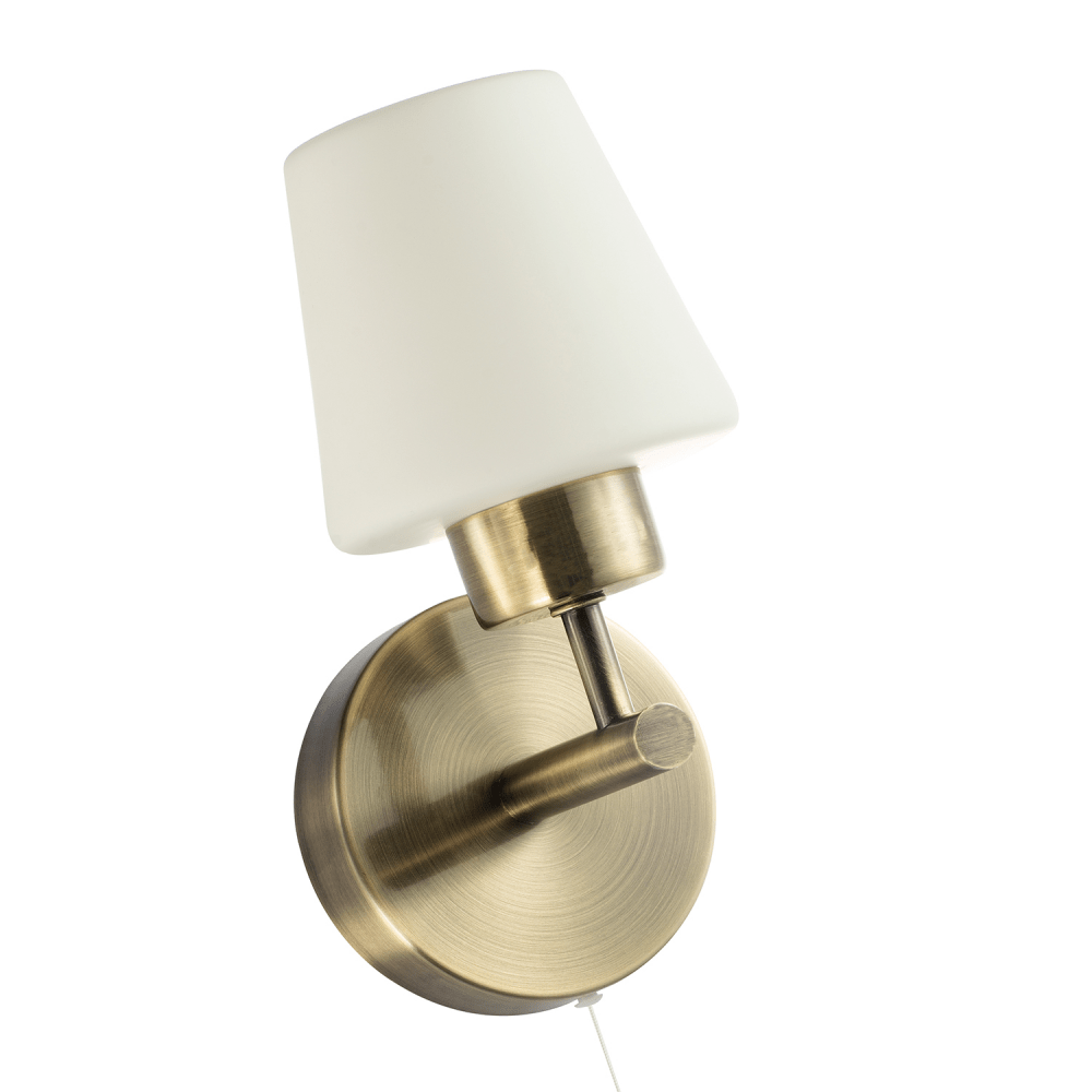 Modern Antique Brass & Opal Glass Bathroom Wall Light IP44 Rated
