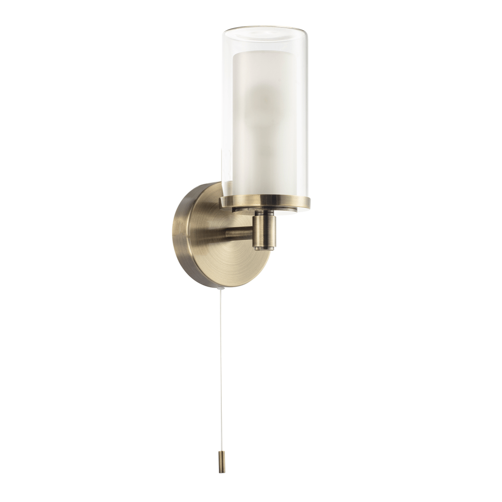 Modern Double Glass Bathroom Wall Light in Antique Brass IP44 Rated