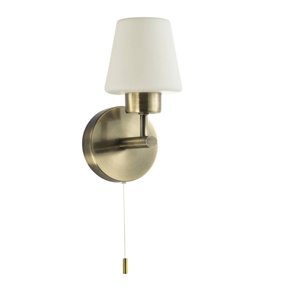 Modern Antique Brass & Opal Glass Bathroom Wall Light IP44 Rated