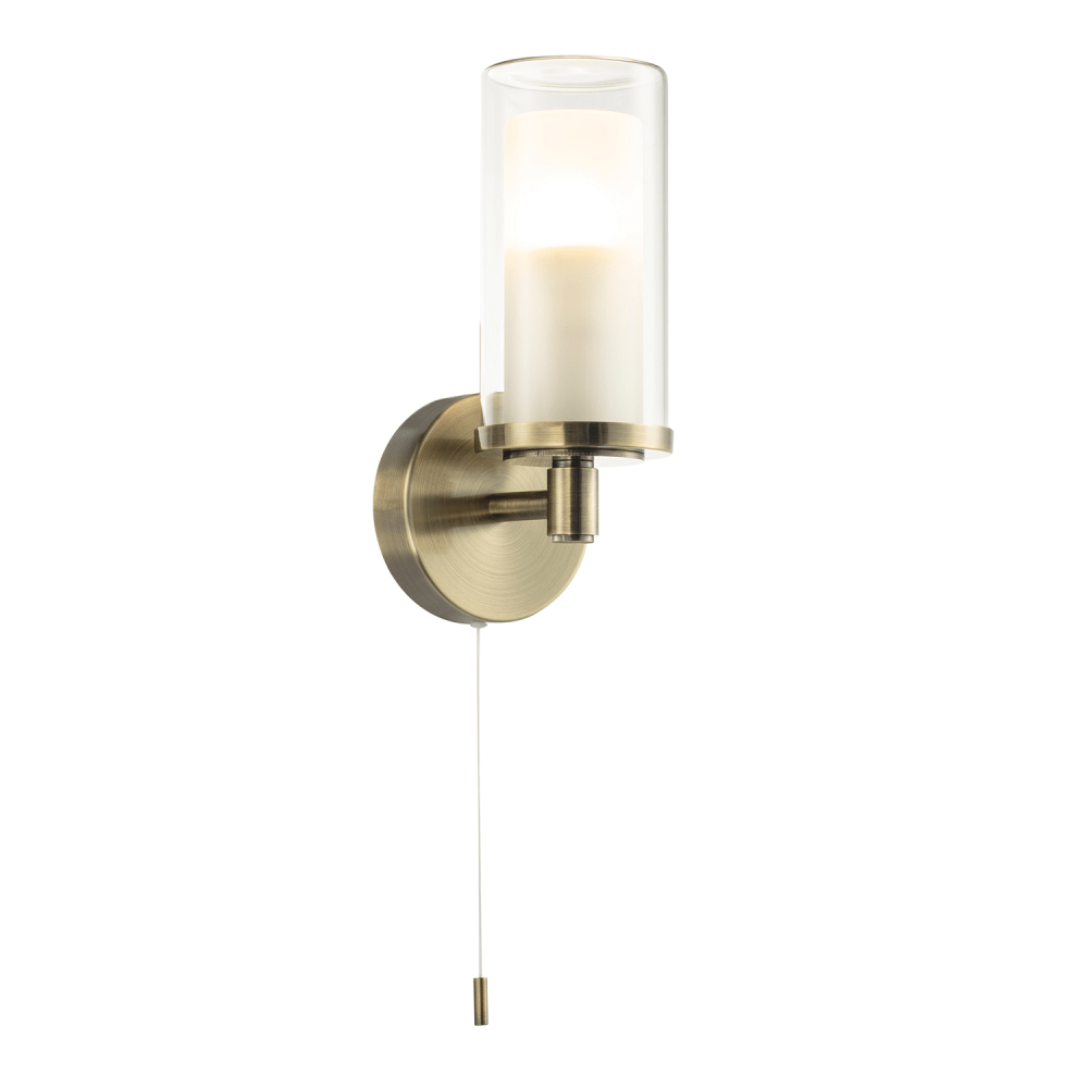 Modern Double Glass Bathroom Wall Light in Antique Brass IP44 Rated