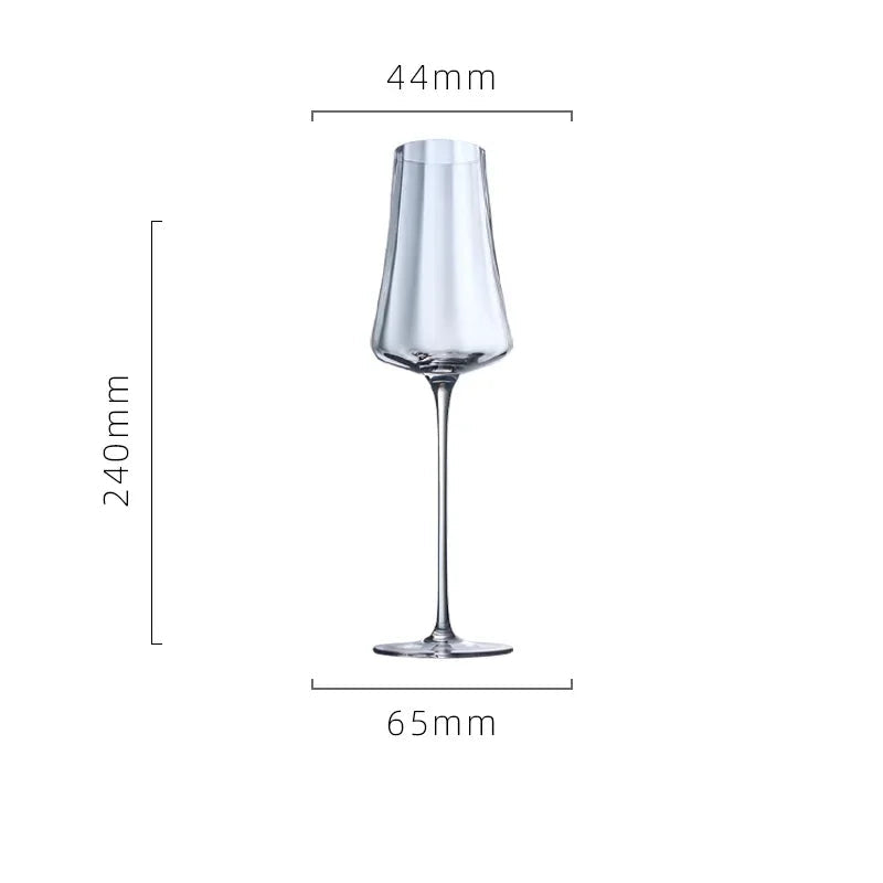 Clear glass flute with dimensions on a white background