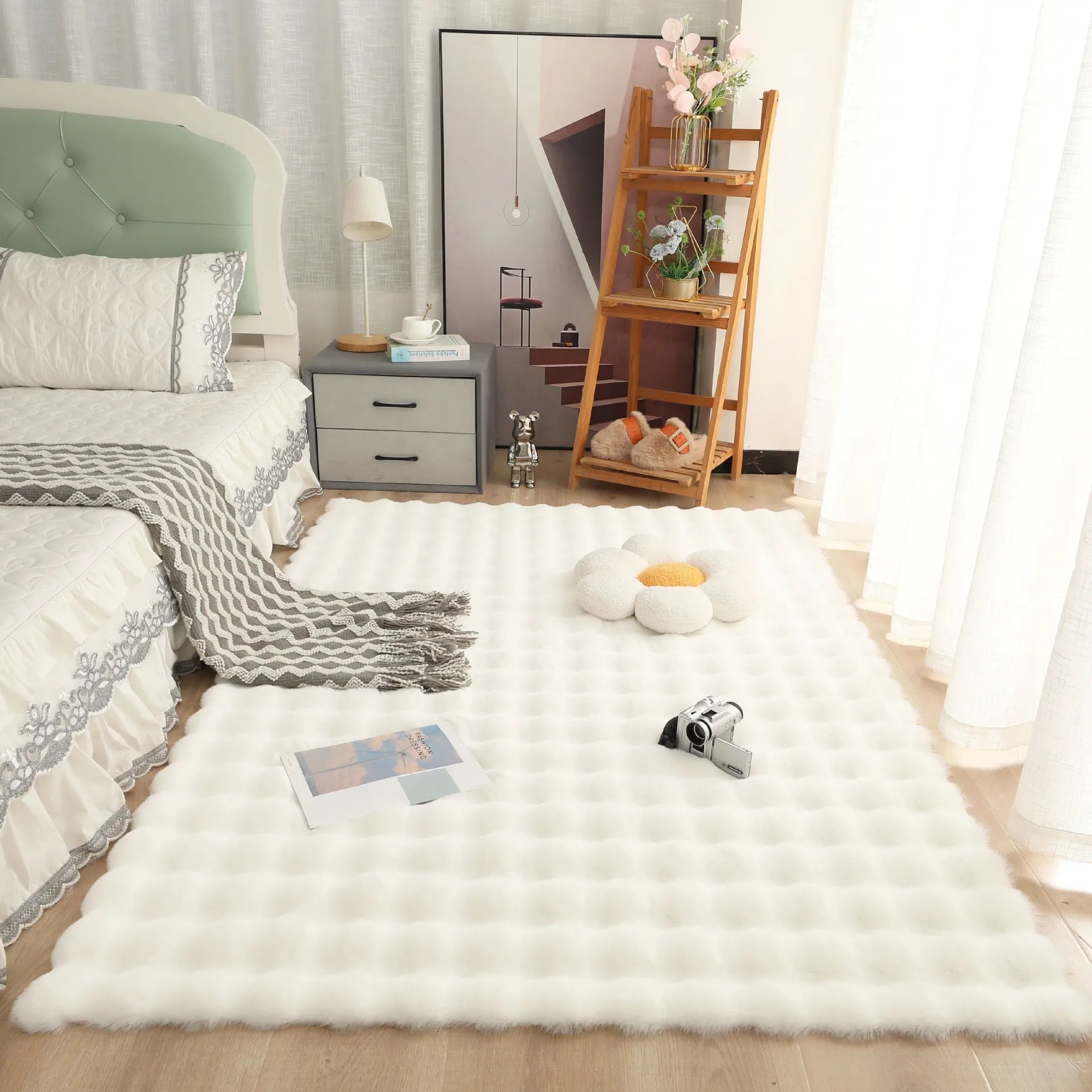 Fluffy & Supersoft Plush Bubble Nordic Rectangle Shaggy Rug - White, Beige, Grey, Ivory & Sage Green Lilly & Lula