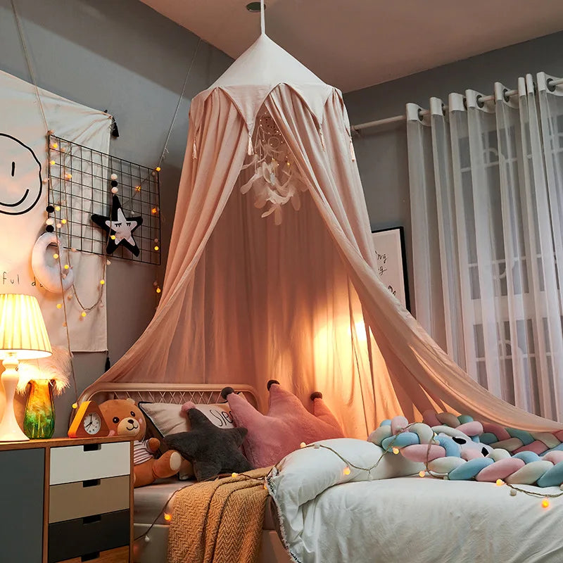 Lilly Lula Kids Bed Canopy With Tassel Frill Detail White Pink Grey