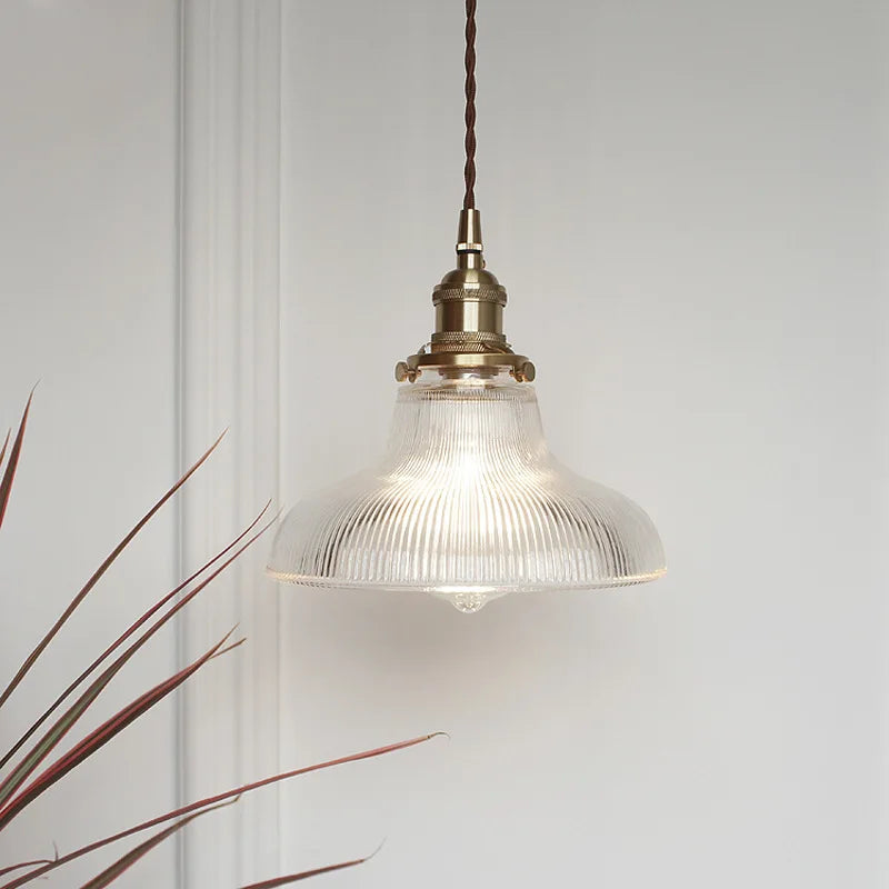 Traditional Nordic Inspired Brass Pendant with Clear Ribbed Glass