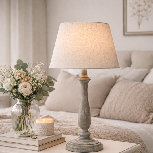 Decorative lamp on a table with a vase of flowers and a candle in a cozy living room setting.