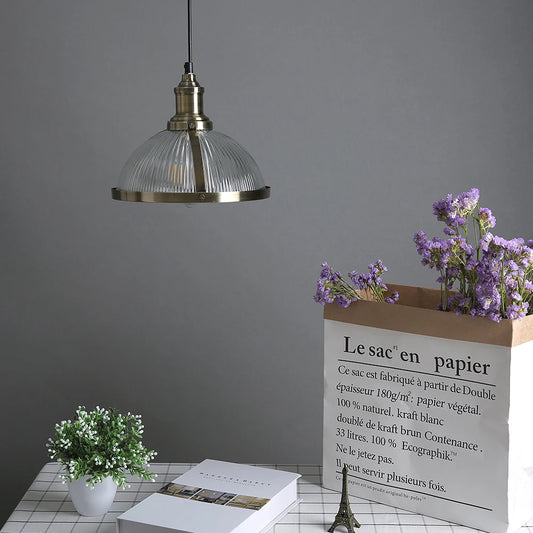 Industrial Ceiling Pendant Light Fitting with Glass Dome Drop & Bronze Details
