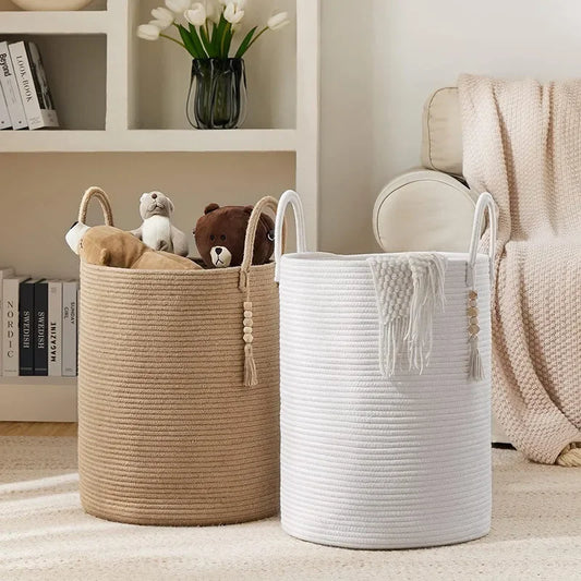 Handmade Round Woven Cotton Rope Foldable Basket with Handles - Beige & White