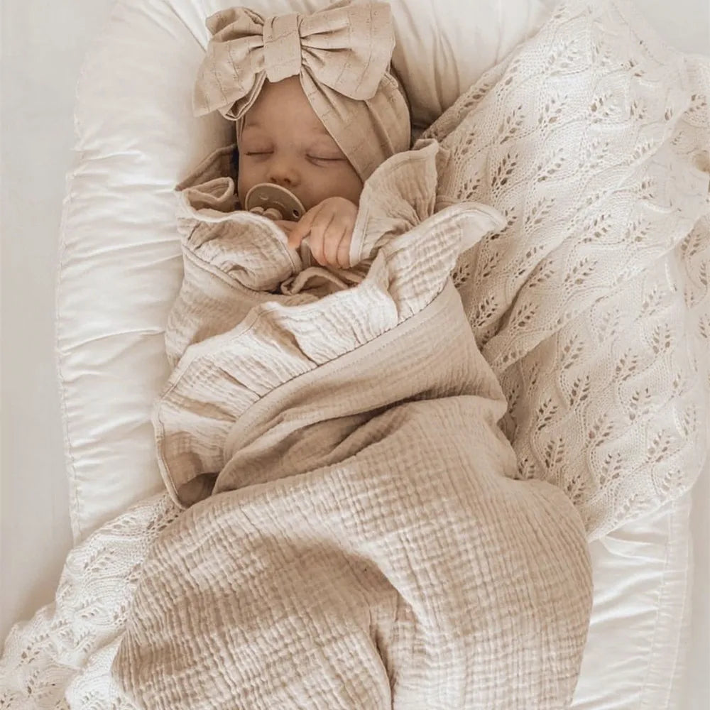 Organic Cotton Ruffled Muslin Baby Swaddle Blanket - White, Beige, Pink,  Purple & Blue