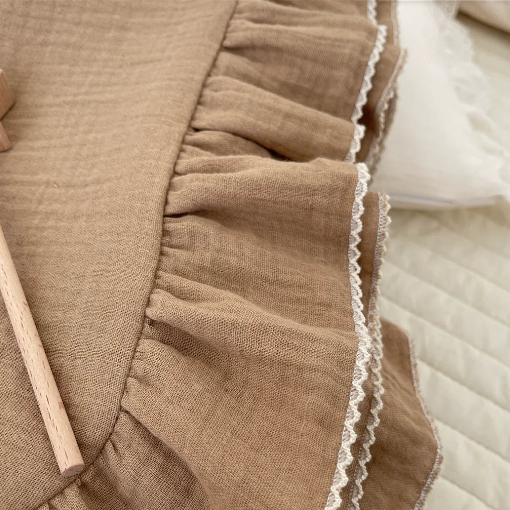 Organic Cotton Muslin Baby Swaddle Blanket with Frill Detail - Beige & Brown