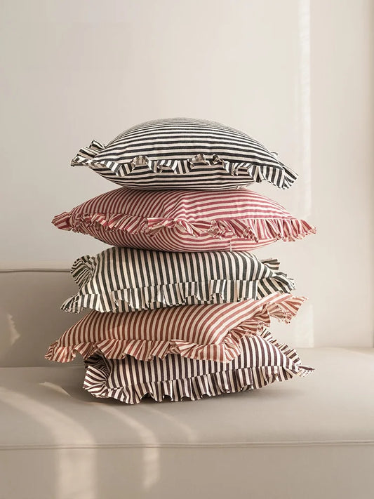 Soft Ruffled Pure Striped Cotton Cushion Covers with Frill Detail - 6 Colours