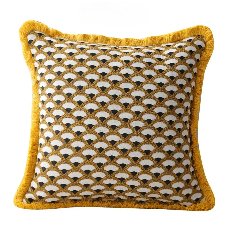 Modern Decorative Yellow & Gold Retro Geometric Cushion Cover with Frill - 3 Sizes