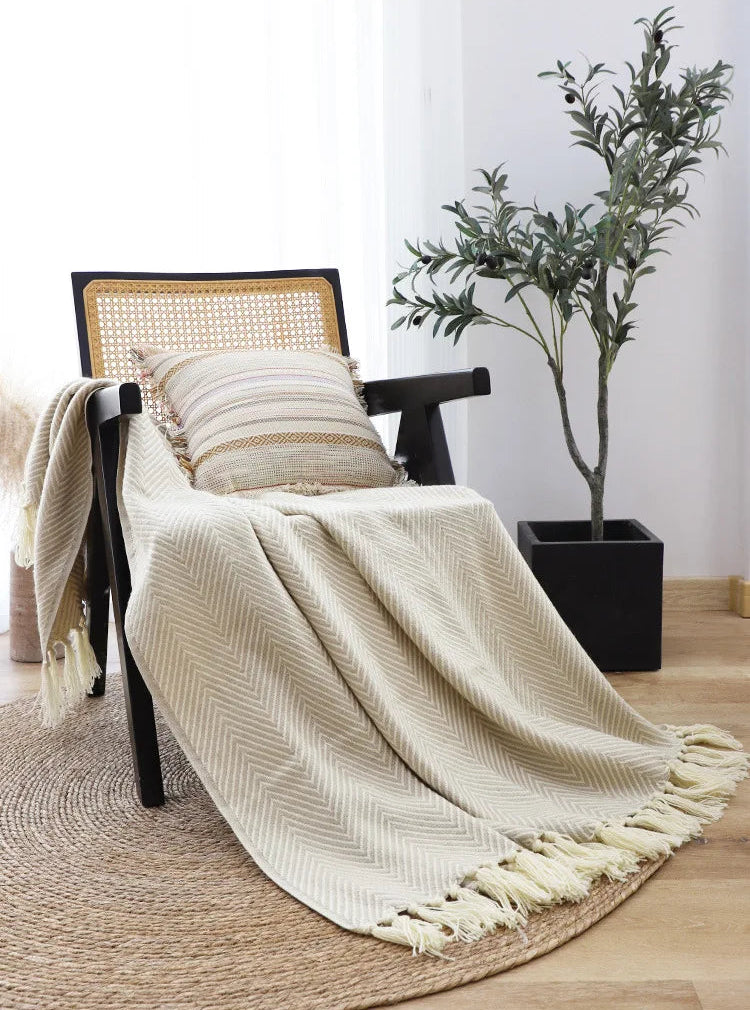 Traditional Luxury Geometric Knitted Blanket Throw With Tassels - Green, Beige & Yellow Lilly & Lula