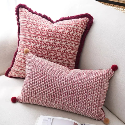Luxurious Burgundy Textured Geometric Cushion Cover with Pom Pom Detail