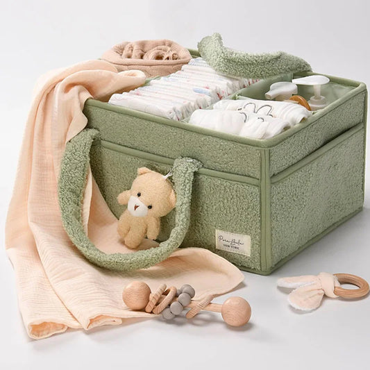 Multifunctional Bouclé & Fleece Style Nappy Caddy Storage Basket with Handles - Brown, Pink, Sage & Ivory
