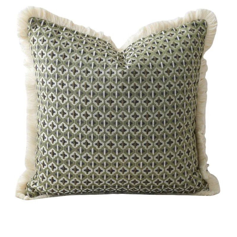 Modern Decorative Green Jacquard Geometric Cushion Cover with Frill - 3 Sizes