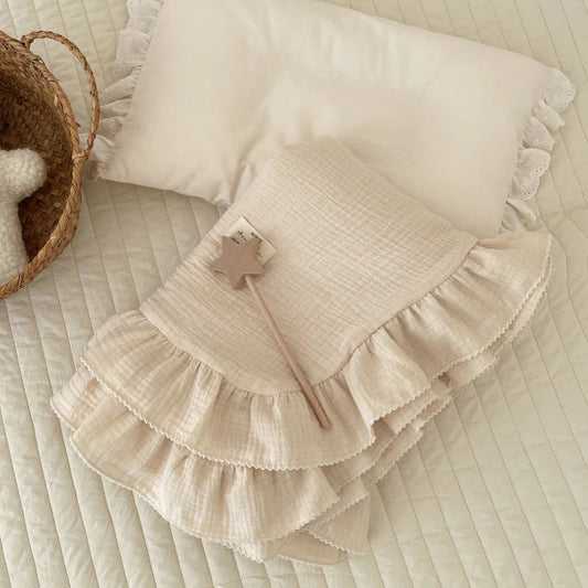 Organic Cotton Muslin Baby Swaddle Blanket with Frill Detail - Beige & Brown
