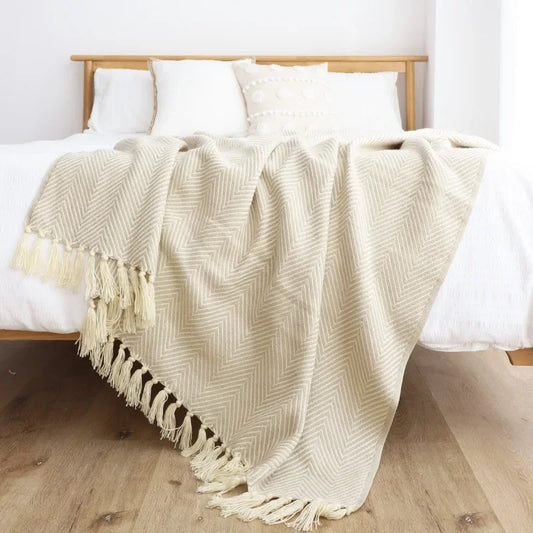 Traditional Luxury Geometric Knitted Blanket Throw With Tassels - Green, Beige & Yellow Beige Lilly & Lula