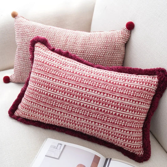 Luxurious Textured Burgundy Geometric Cushion Cover with Plush Frill Detail - 3 Sizes