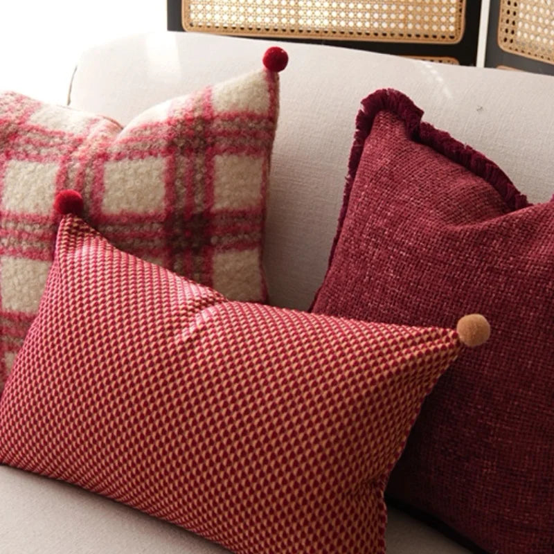 Modern Decorative Red & White Checkered Plush Cushion Cover with Pom Poms - 3 Sizes