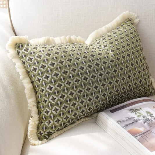 Modern Decorative Green Jacquard Geometric Cushion Cover with Frill - 3 Sizes