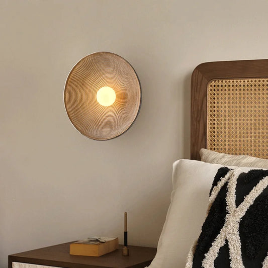 Greige Minimalist Natural Round Japandi Inspired Wall Sconce with Fine Ripples