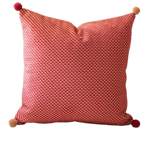 Luxurious Red Textured Geometric Cushion Cover with Pom Pom Detail - 3 Sizes