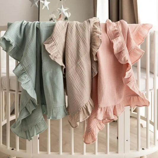 Organic Cotton Ruffled Muslin Baby Swaddle Blanket - 4 Colours