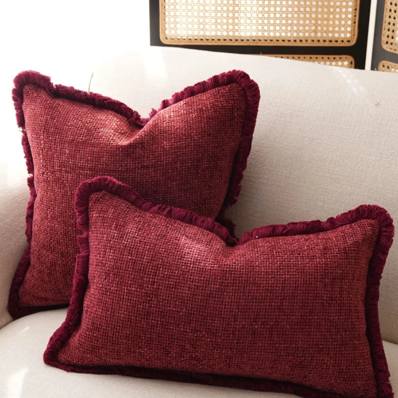 Modern Decorative Burgundy Red Geometric Plush Cushion Cover with Frill - 3 Sizes