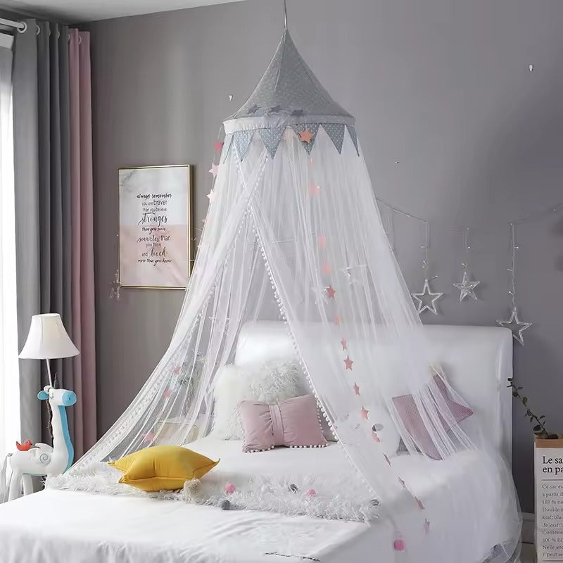 Kids Bed Canopy With Pom Pom Detail - Pink, Blue & Grey Grey Lilly & Lula