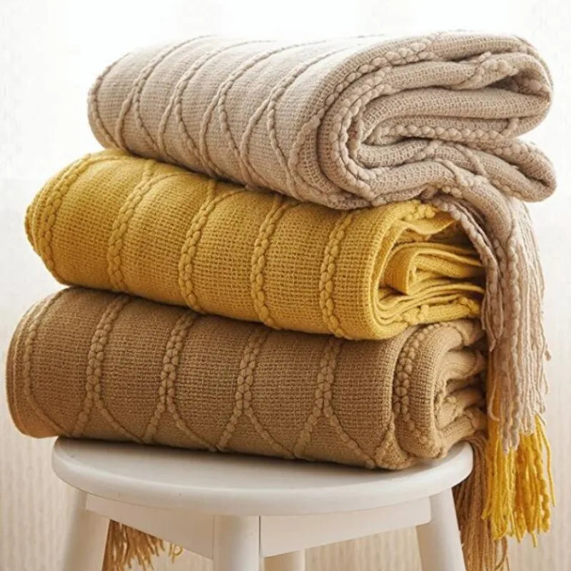 Lilly Lula Nordic Knitted Crocheted Jacquard Throw Blanket with Tassels 5 Colours