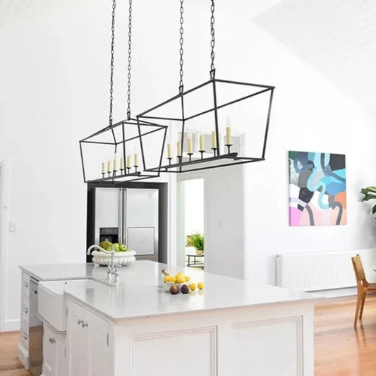 Modern Farmhouse Rectangular Kitchen Island Iron Pendant Chandelier - 2 Colours