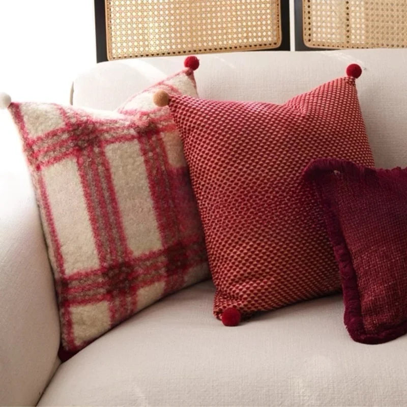 Modern Decorative Red & White Checkered Plush Cushion Cover with Pom Poms - 3 Sizes