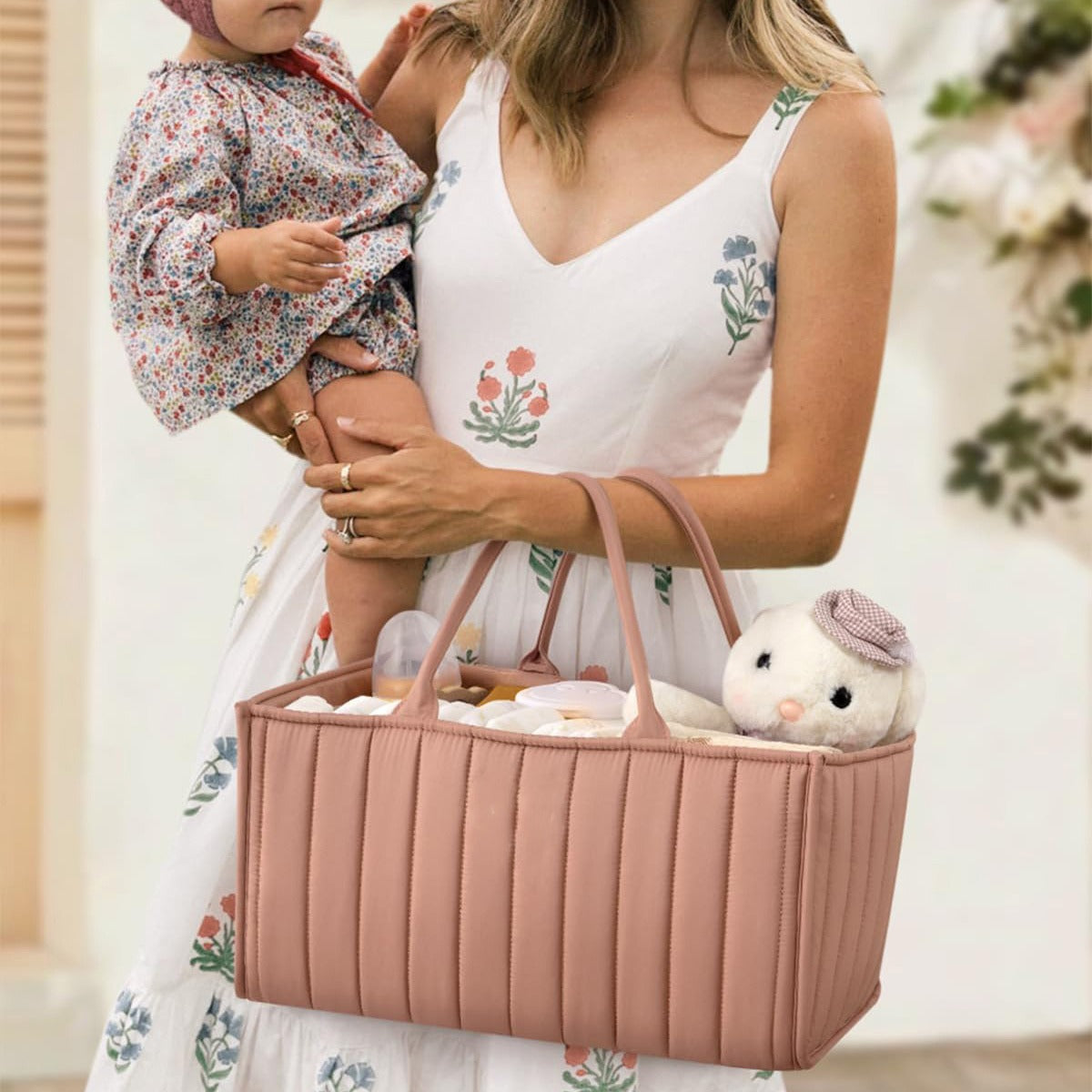 Multifunctional Cotton Nappy Caddy Storage Basket with Handles - Brown, Pink & Sage, Grey & Flowers