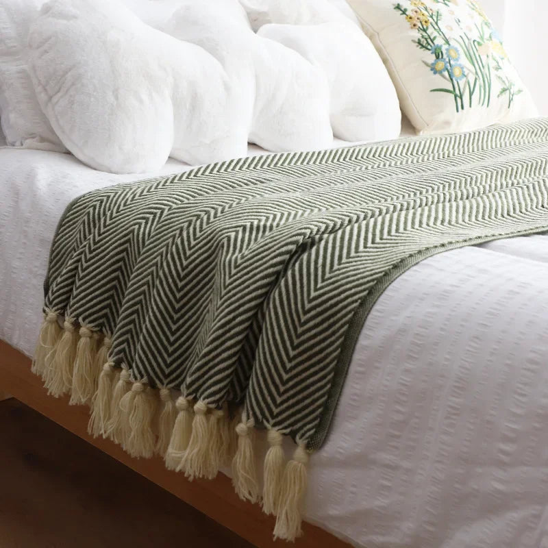 Traditional Luxury Geometric Knitted Blanket Throw With Tassels Sage Lilly Lula