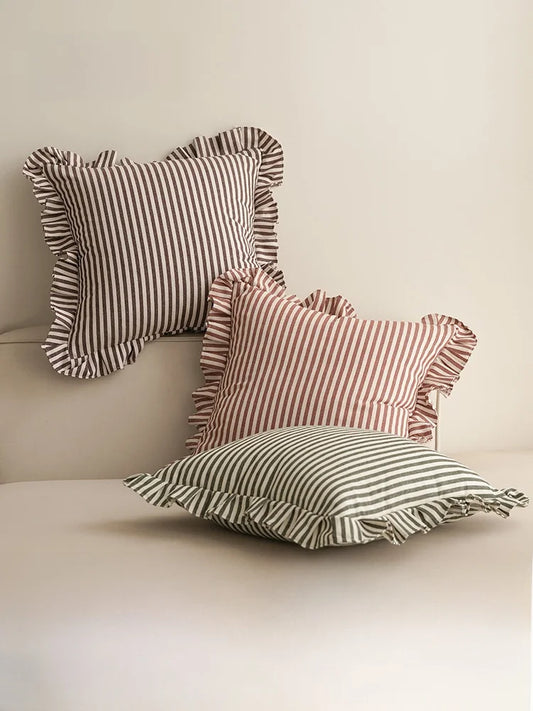 Soft Ruffled Pure Striped Cotton Cushion Covers with Frill Detail - 6 Colours