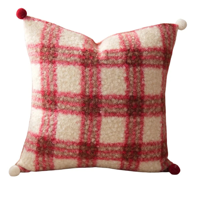 Modern Decorative Red & White Checkered Plush Cushion Cover with Pom Poms - 3 Sizes