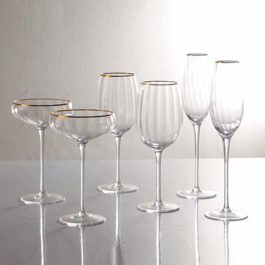 Set of 4 Sky Ripple Glass Wine & Champagne Glasses with Gold Edge - 5 Sizes