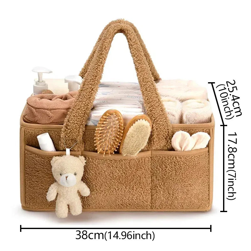 Multifunctional Bouclé & Fleece Style Nappy Caddy Storage Basket with Handles - Brown, Pink, Sage & Ivory
