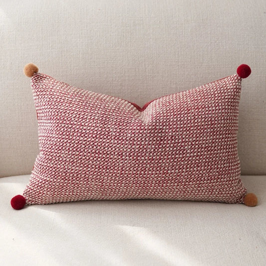 Luxurious Burgundy Textured Geometric Cushion Cover with Pom Pom Detail