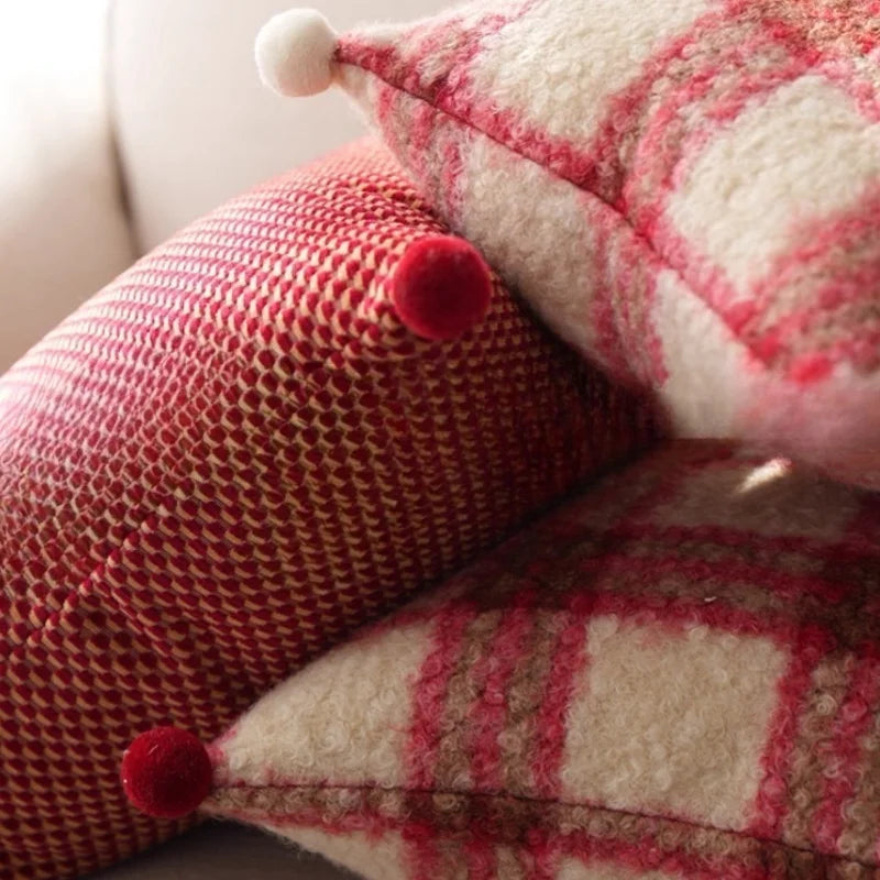 Modern Decorative Red & White Checkered Plush Cushion Cover with Pom Poms - 3 Sizes