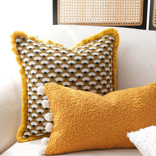 Modern Decorative Yellow & Gold Retro Geometric Cushion Cover with Frill - 3 Sizes 50x50cm Lilly & Lula