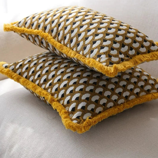 Modern Decorative Yellow & Gold Retro Geometric Cushion Cover with Frill - 3 Sizes