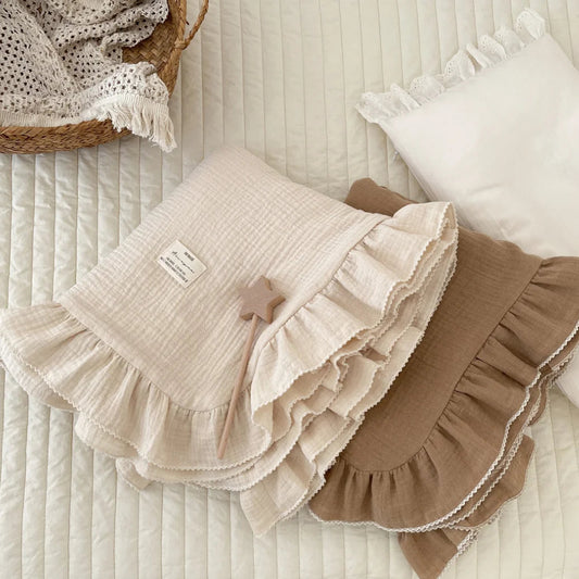 Organic Cotton Muslin Baby Swaddle Blanket with Frill Detail - Beige & Brown
