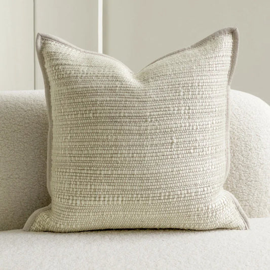 Traditional Textured Cottage-Feel Ivory Cushion Cover with Beige Piping