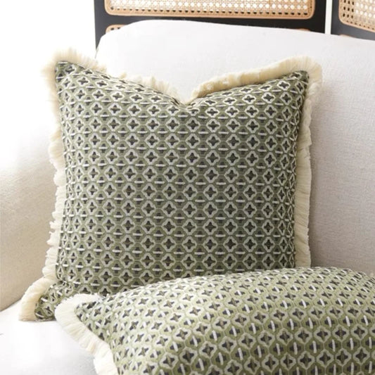 Modern Decorative Green Jacquard Geometric Cushion Cover with Frill - 3 Sizes 45x45cm Lilly & Lula