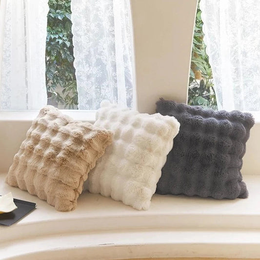 Super Soft Fluffy Luxury Rabbit Faux Fur Wave Cushion - Ivory, Beige & Grey Lilly & Lula